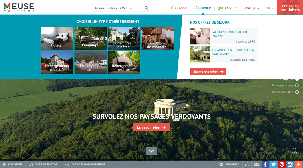 Site web Meuse Tourisme, écran d'accueil menu déployé