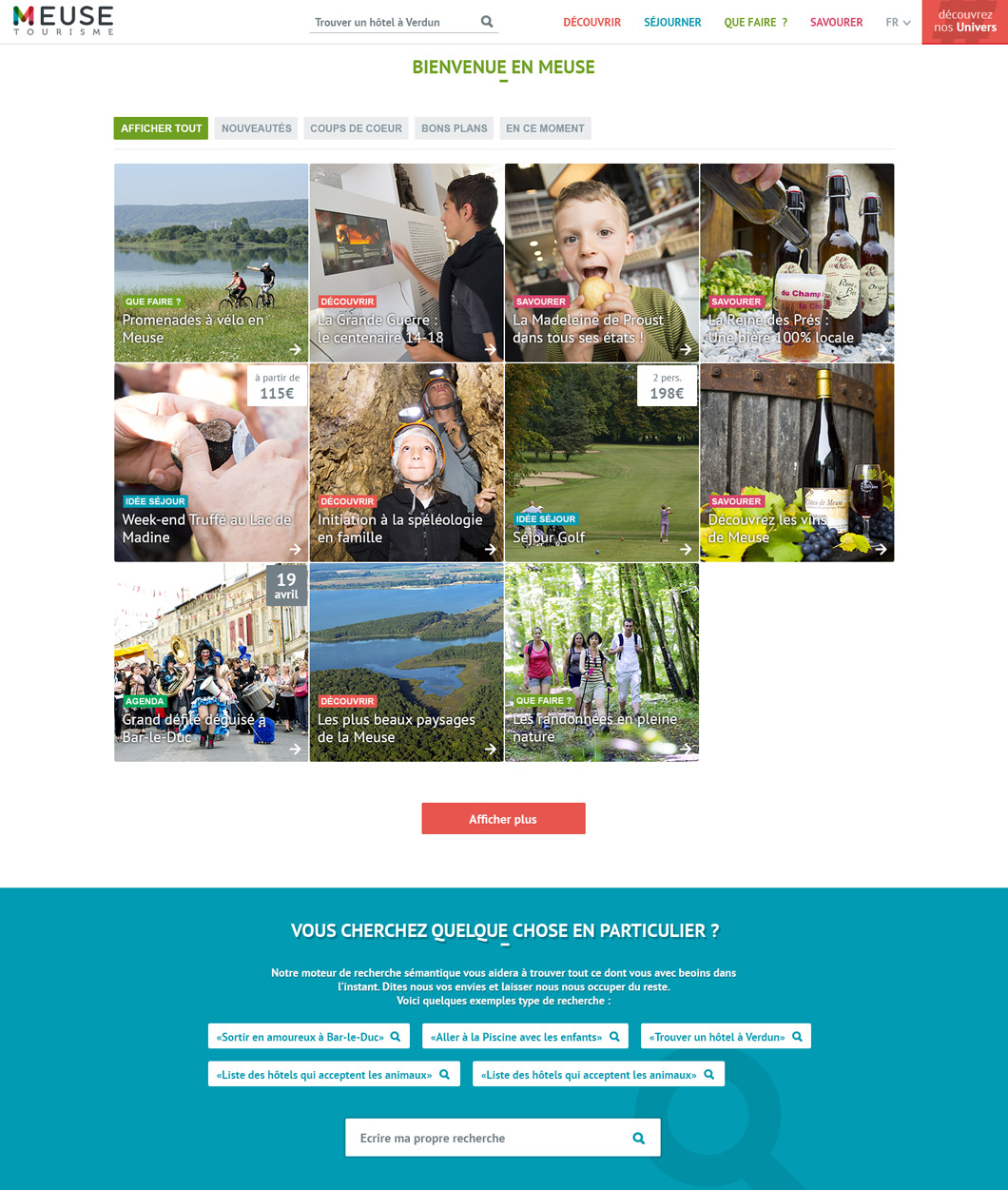 Site web Meuse Tourisme, accueil, mosaïque thématique et recherche sémantique